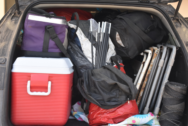 Camping equipment in the trunk of a vehicle