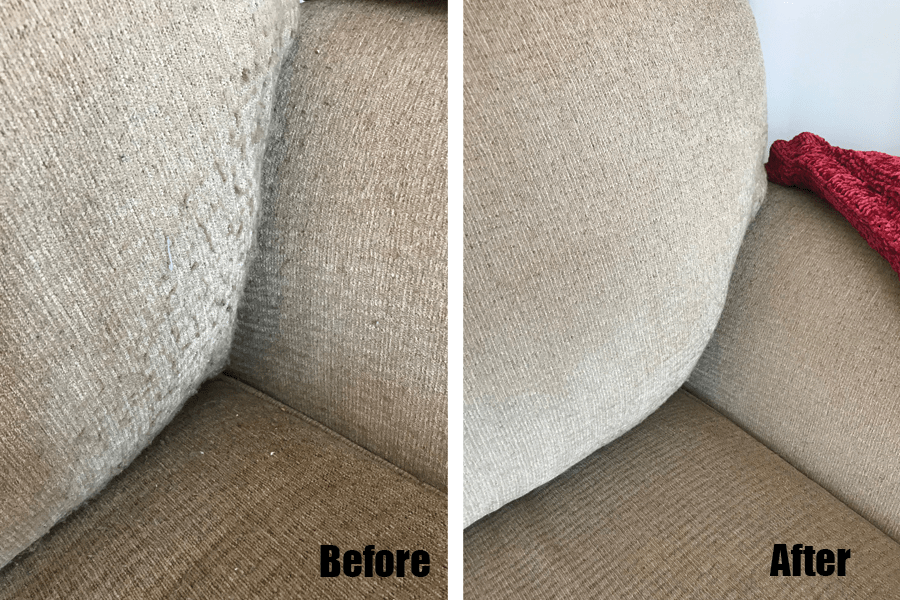 Pilling fabric on a sofa before and after pics