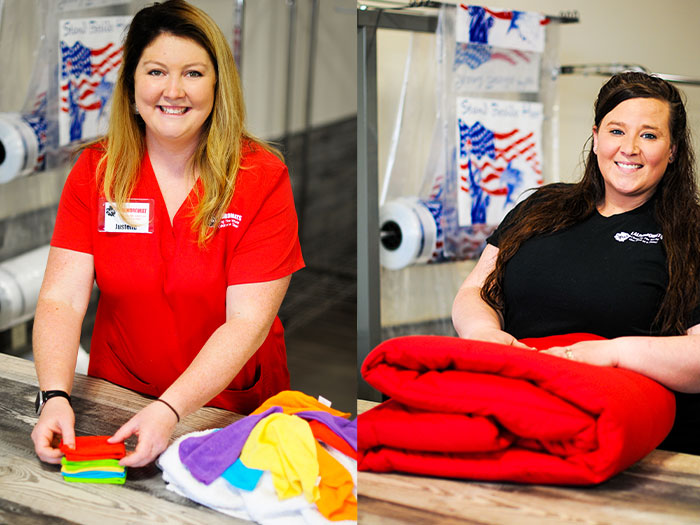 Spot laundromat laundry attendants folding laundry