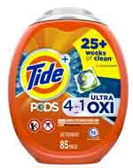 Tide Pod's Cost verses liquid. Photo of Tide Oxi pods detergent