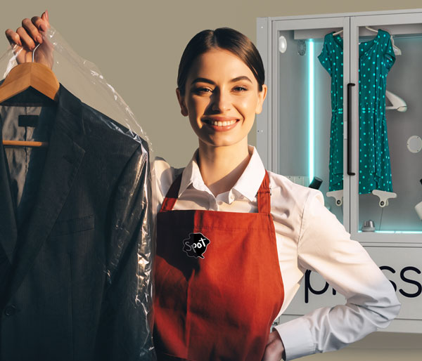 Spot Laundromat attendant holding a clean PRESSO suit