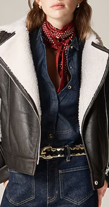 fashion trends 25/26 winter red scarf, blue jean shirt and pants, silver belt and bomber jacket with faux fur