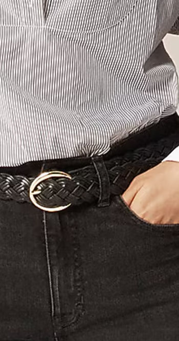 black jeans and chunky belt with gray shirt
