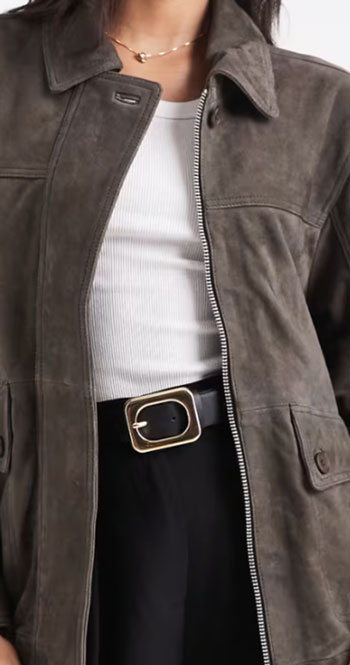 chunky belt with sued jacket and black pants